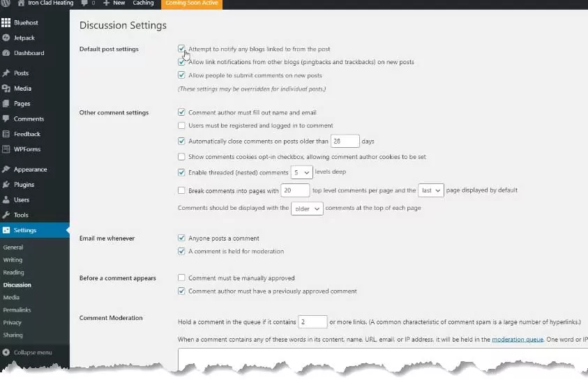 Wordpress Discussion Settings 1